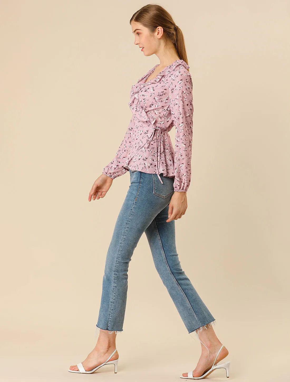 Floral V Neck Wrap Top Long Sleeve Tie Waist Ruffle Peplum Blouse sold by Allegra K product image thumbnail 4