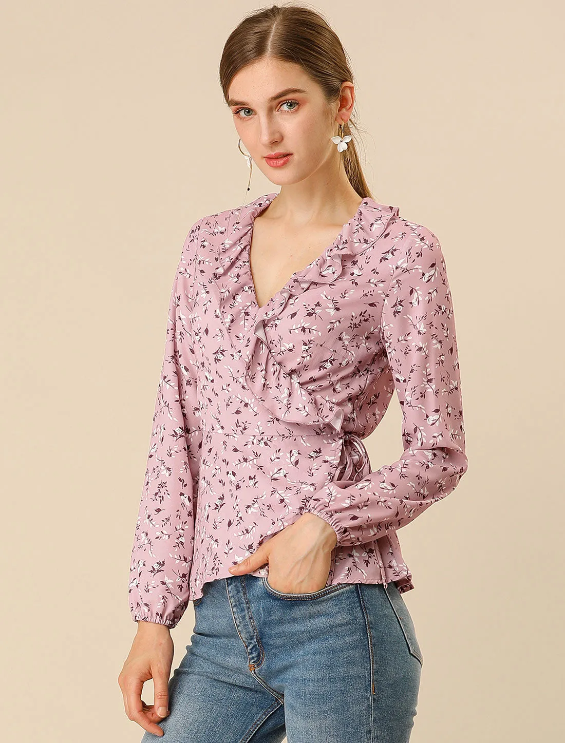 Floral V Neck Wrap Top Long Sleeve Tie Waist Ruffle Peplum Blouse sold by Allegra K product image thumbnail 3