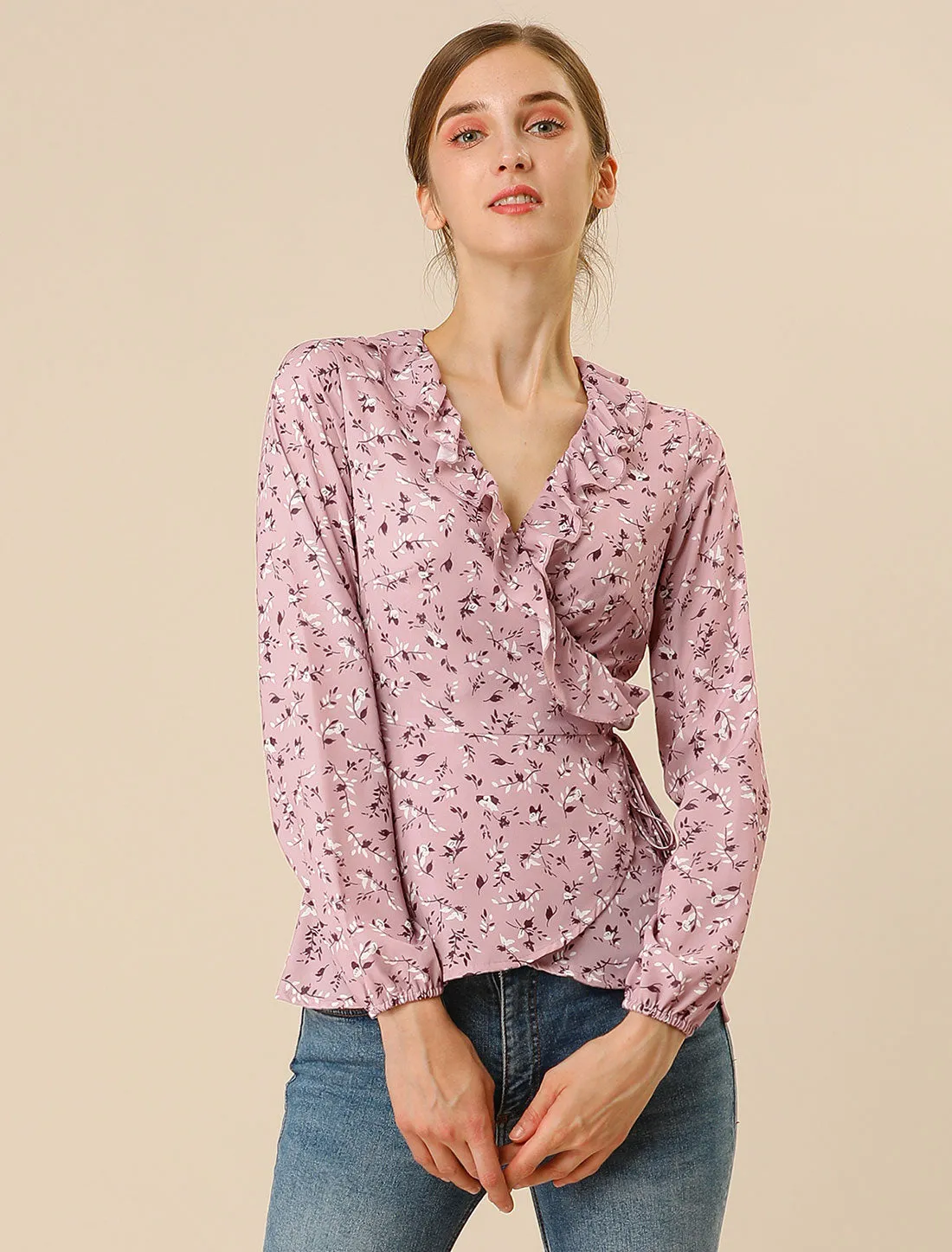 Floral V Neck Wrap Top Long Sleeve Tie Waist Ruffle Peplum Blouse sold by Allegra K product image thumbnail 2