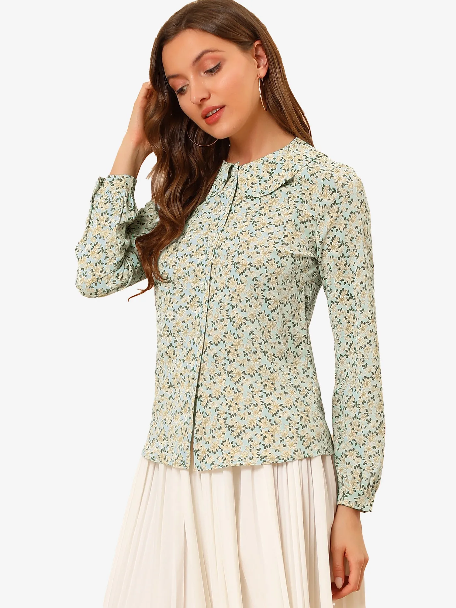 Casual Peter Pan Collar Floral Button Down Shirt sold by Allegra K