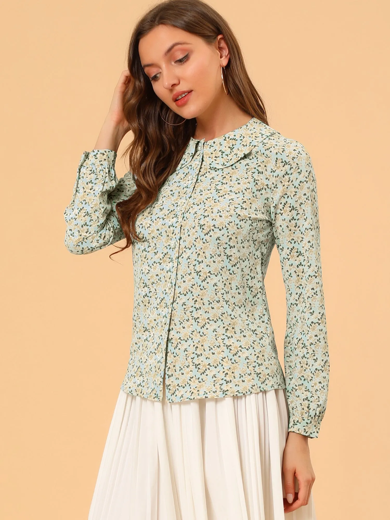 Casual Peter Pan Collar Floral Button Down Shirt sold by Allegra K product image thumbnail 2