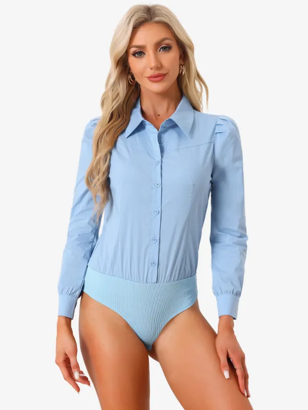 Leotard Shirt Collared Business Casual Button Down Long Sleeves Bodysuit sold by Allegra K