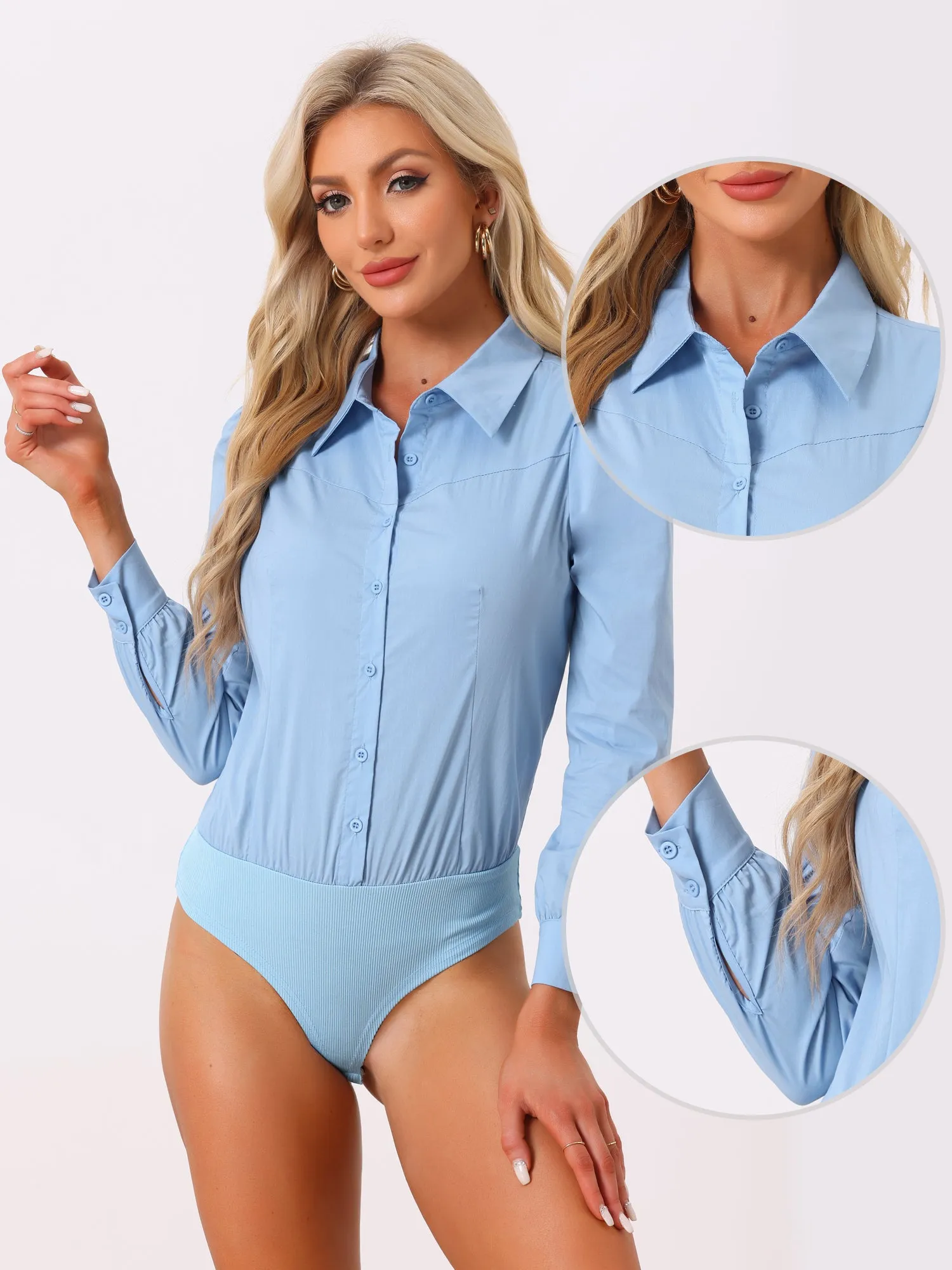 Leotard Shirt Collared Business Casual Button Down Long Sleeves Bodysuit sold by Allegra K product image thumbnail 2