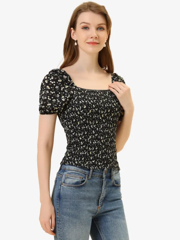 Smocked Top Floral Puff Sleeve Slim Fit Square Neck Blouse sold by Allegra K