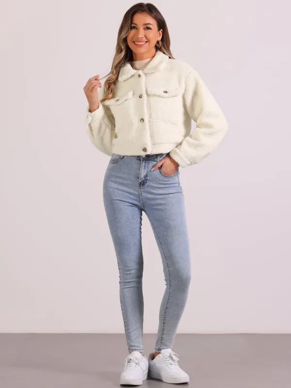 Faux Fur Lapel Button Down Long Sleeve Cropped Jackets sold by Allegra K