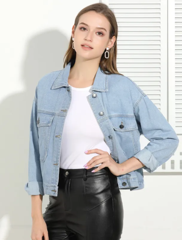 Boyfriend Button Down Long Sleeve Oversize Denim Jacket sold by Allegra K