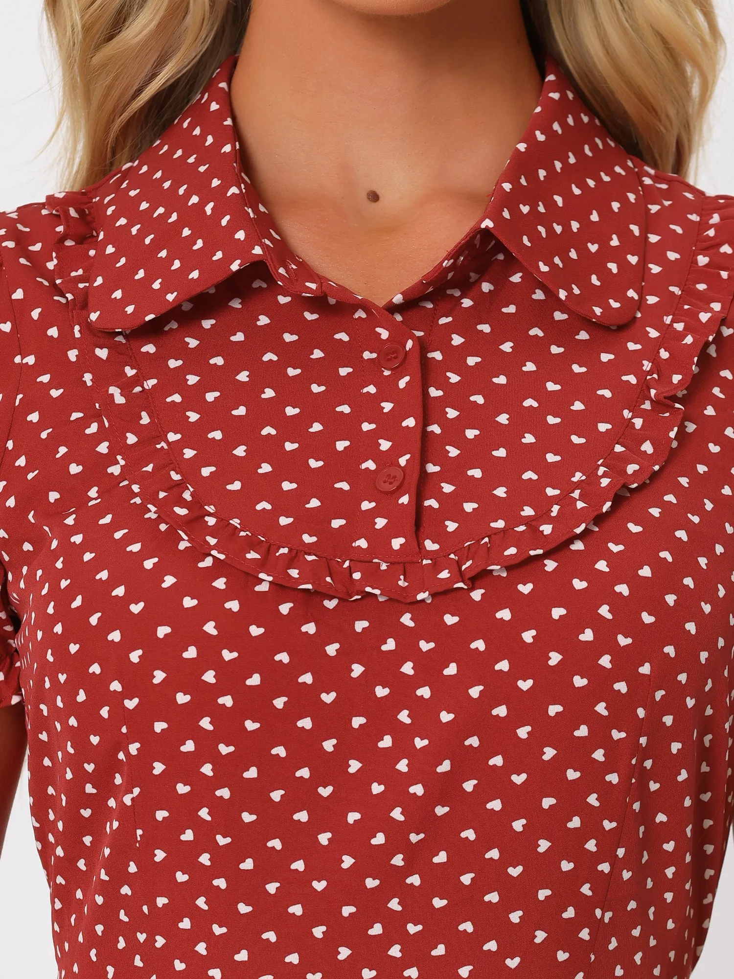 Heart Print Lapel Collar Puff Short Sleeves Vintage Ruffled Dress sold by Allegra K product image thumbnail 4