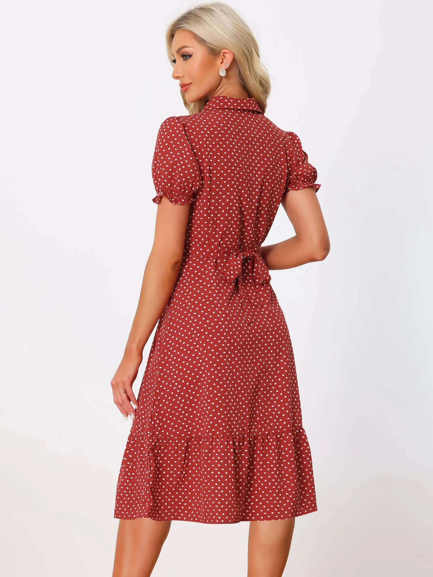 Heart Print Lapel Collar Puff Short Sleeves Vintage Ruffled Dress sold by Allegra K product image thumbnail 3