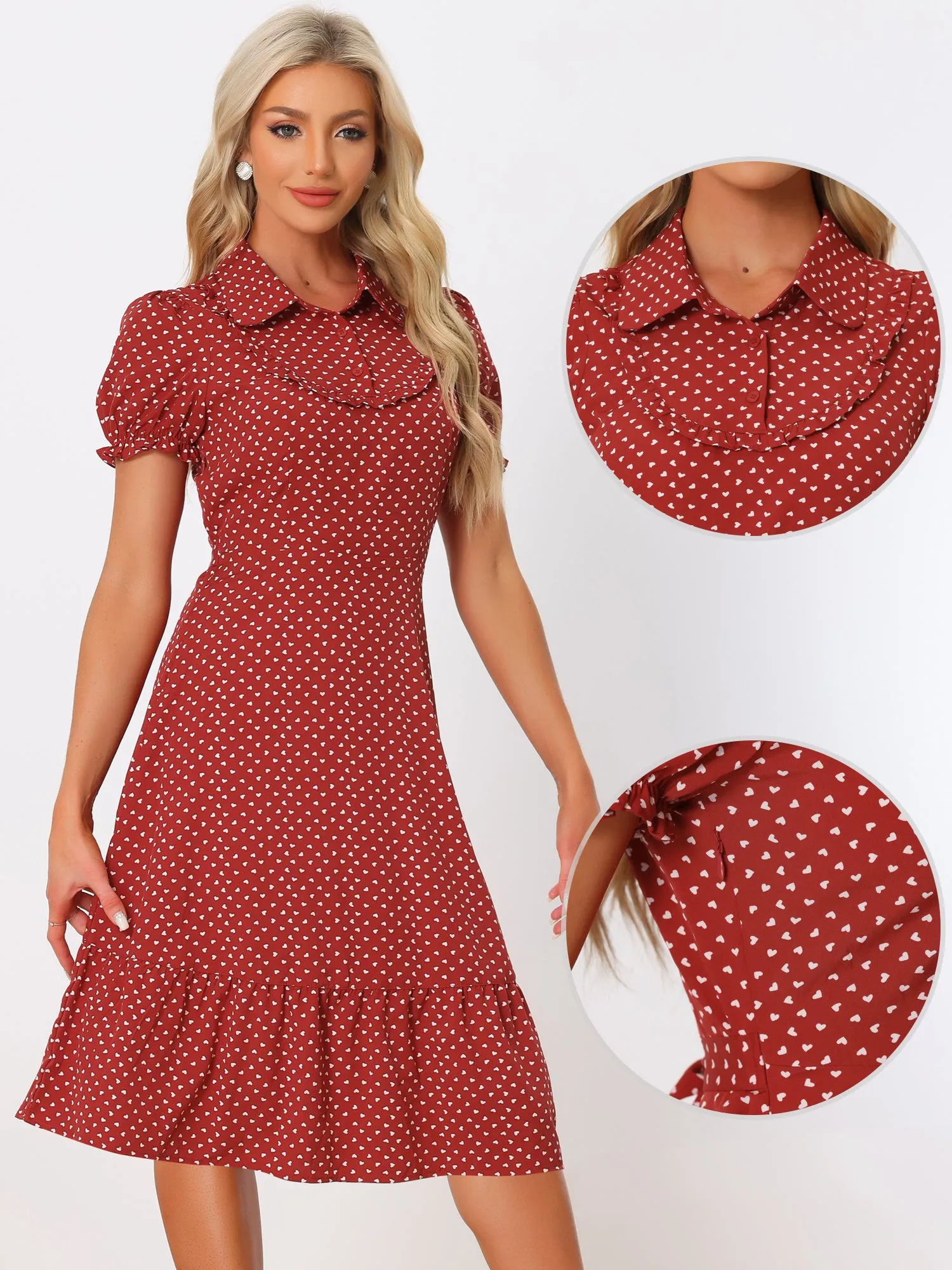 Heart Print Lapel Collar Puff Short Sleeves Vintage Ruffled Dress sold by Allegra K product image thumbnail 2