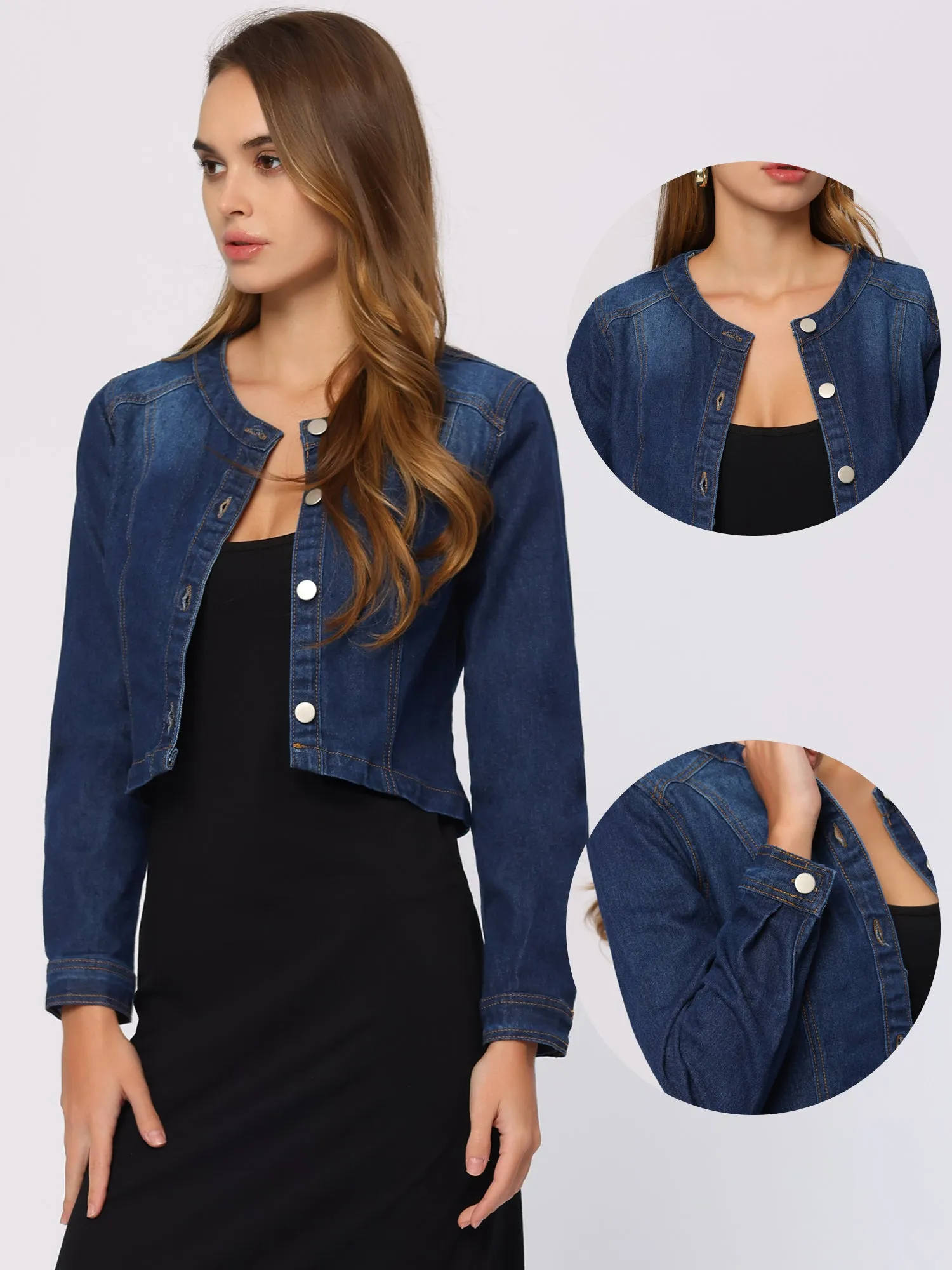 Denim Collarless Long Sleeve Button Down Crop Jean Jacket sold by Allegra K product image thumbnail 2