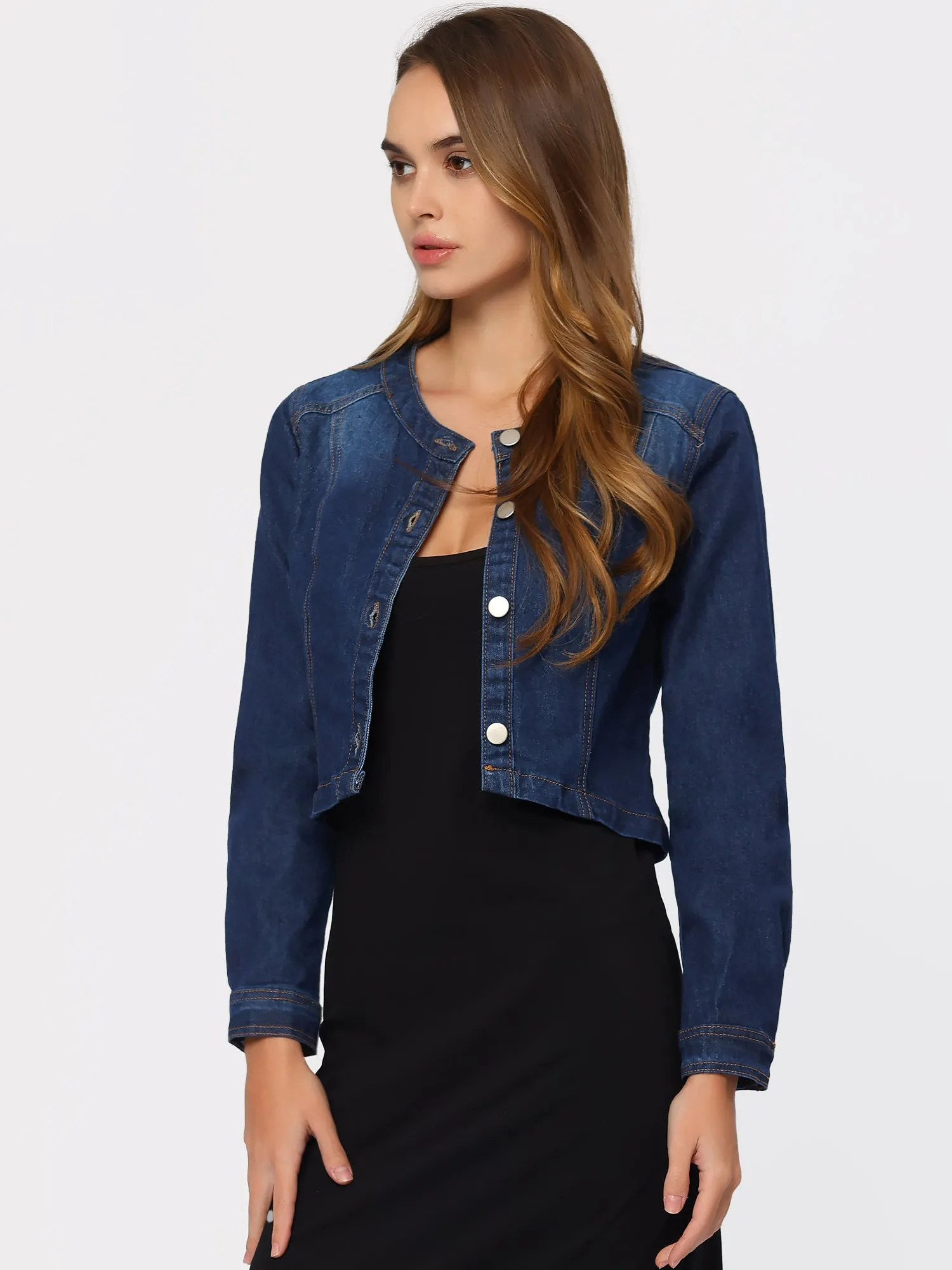 Denim Collarless Long Sleeve Button Down Crop Jean Jacket sold by Allegra K