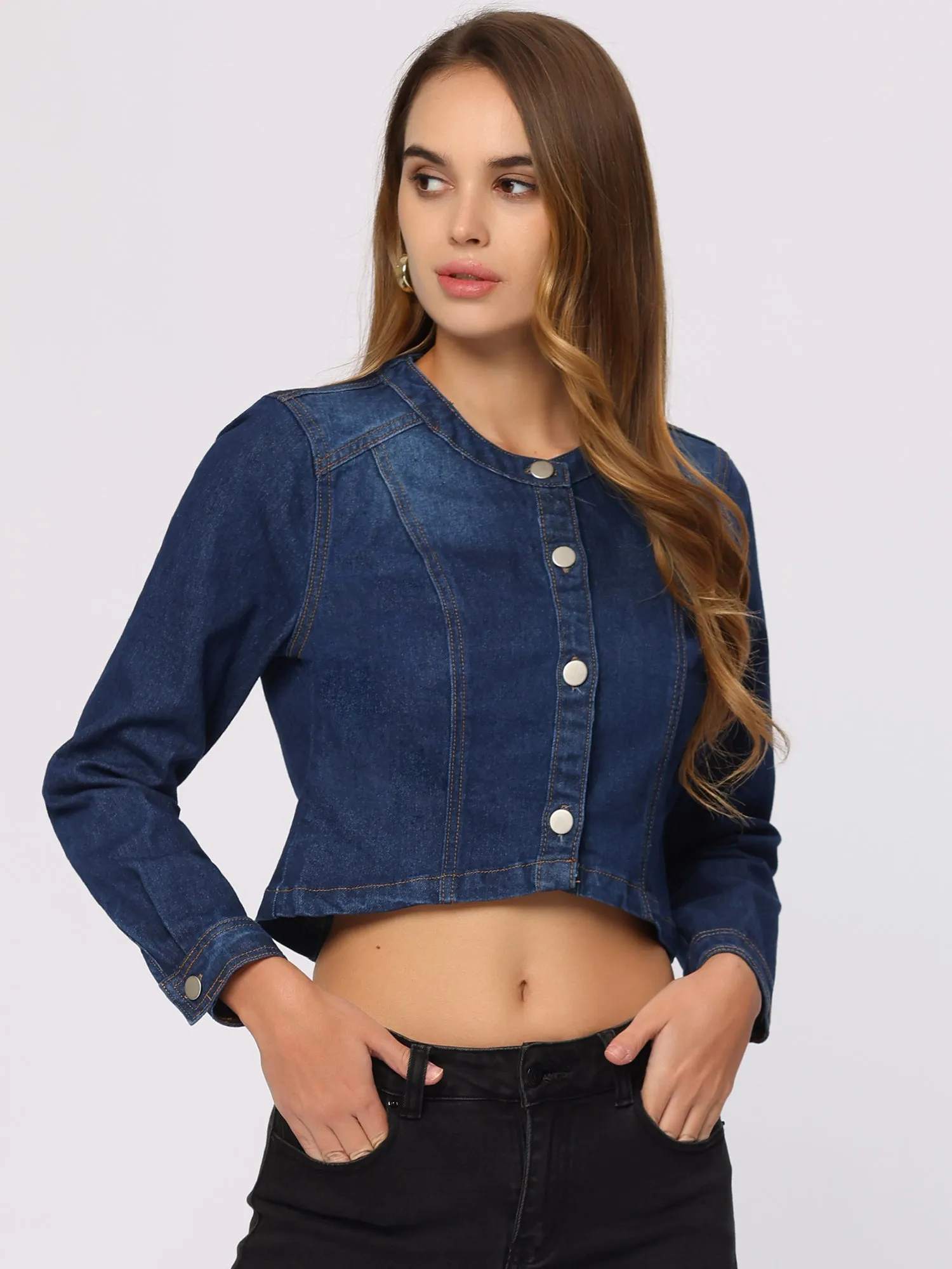 Denim Collarless Long Sleeve Button Down Crop Jean Jacket sold by Allegra K product image thumbnail 4
