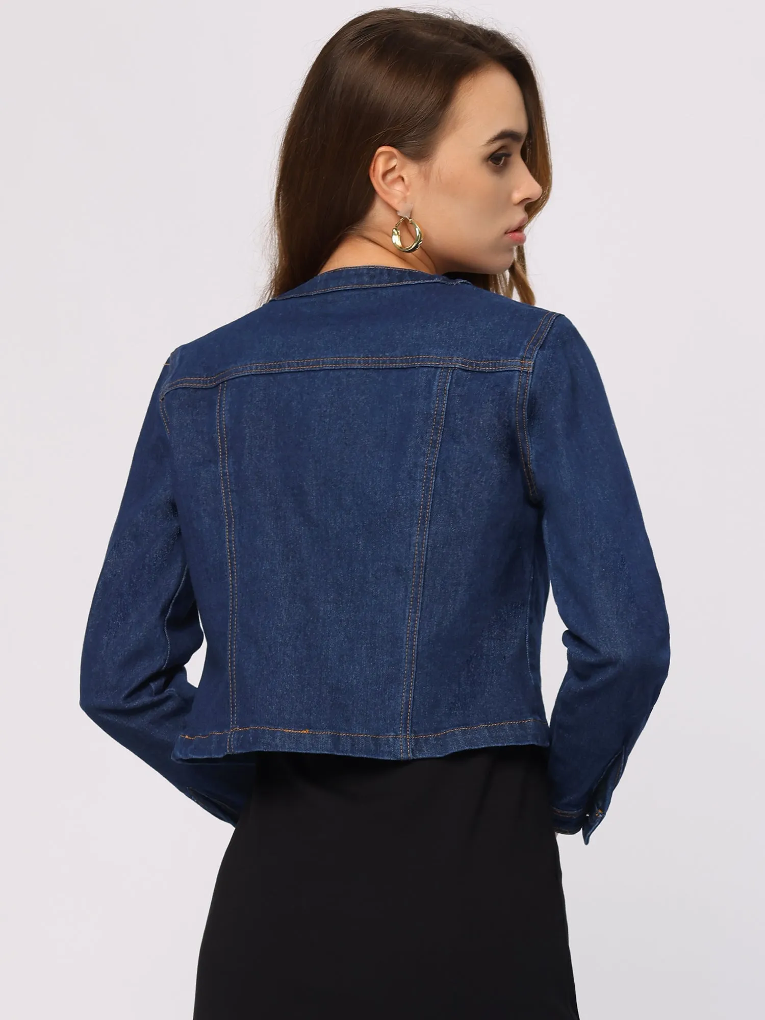 Denim Collarless Long Sleeve Button Down Crop Jean Jacket sold by Allegra K product image thumbnail 3