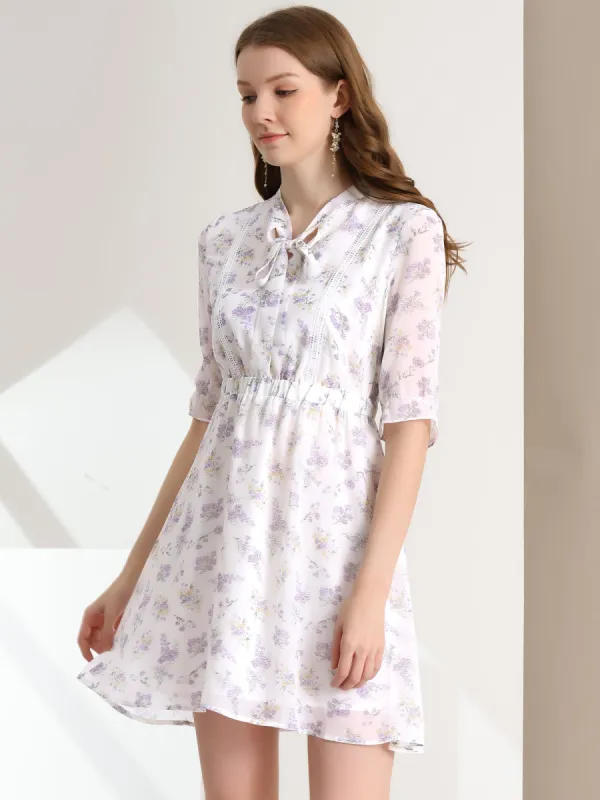 Floral Chiffon Bow Tie Neck Elastic High Waist Elegant Mini Dress sold by Allegra K