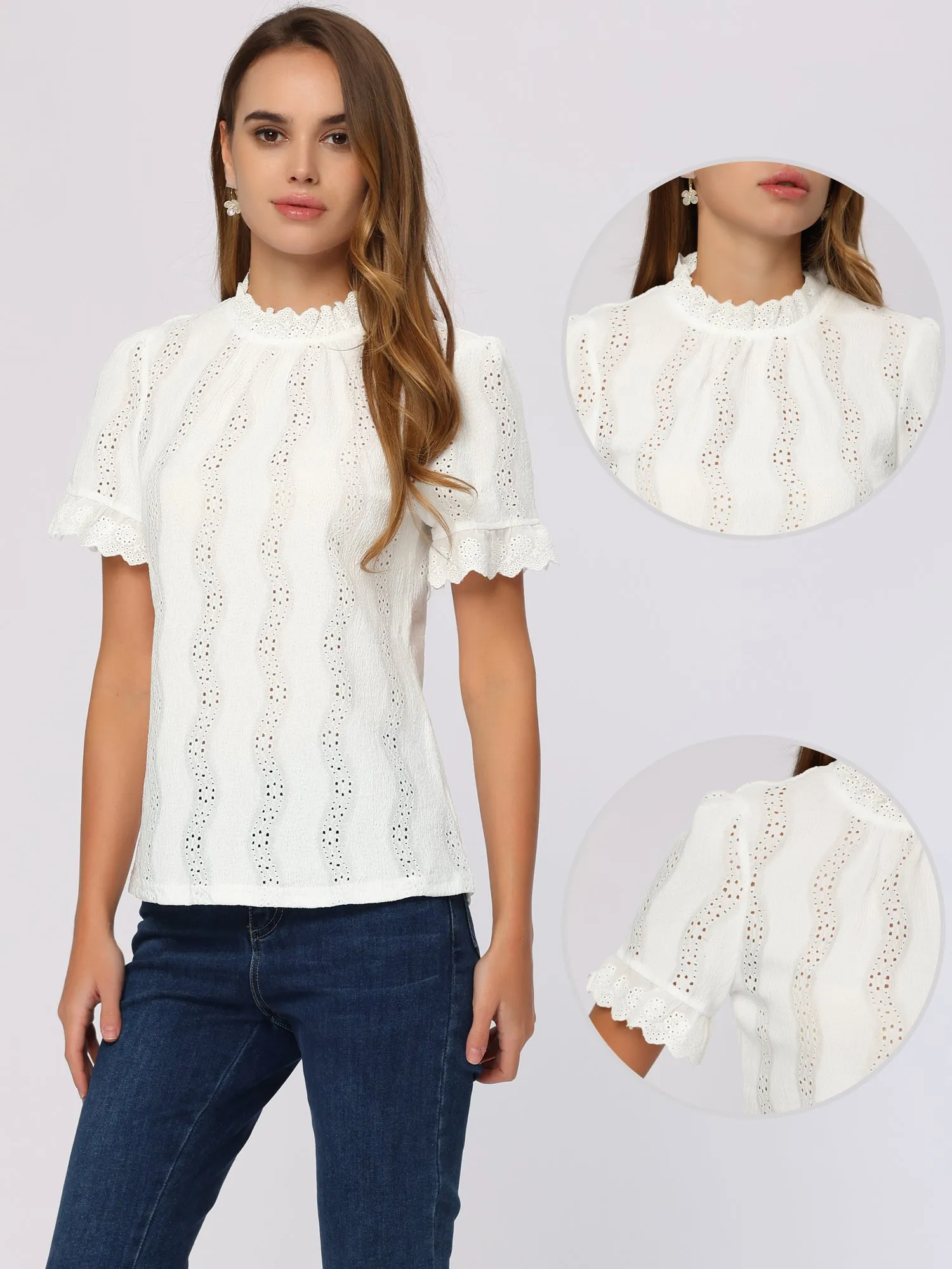 Eyelet Mock Neck Puff Sleeve Ruffle Textured Blouse sold by Allegra K product image thumbnail 2