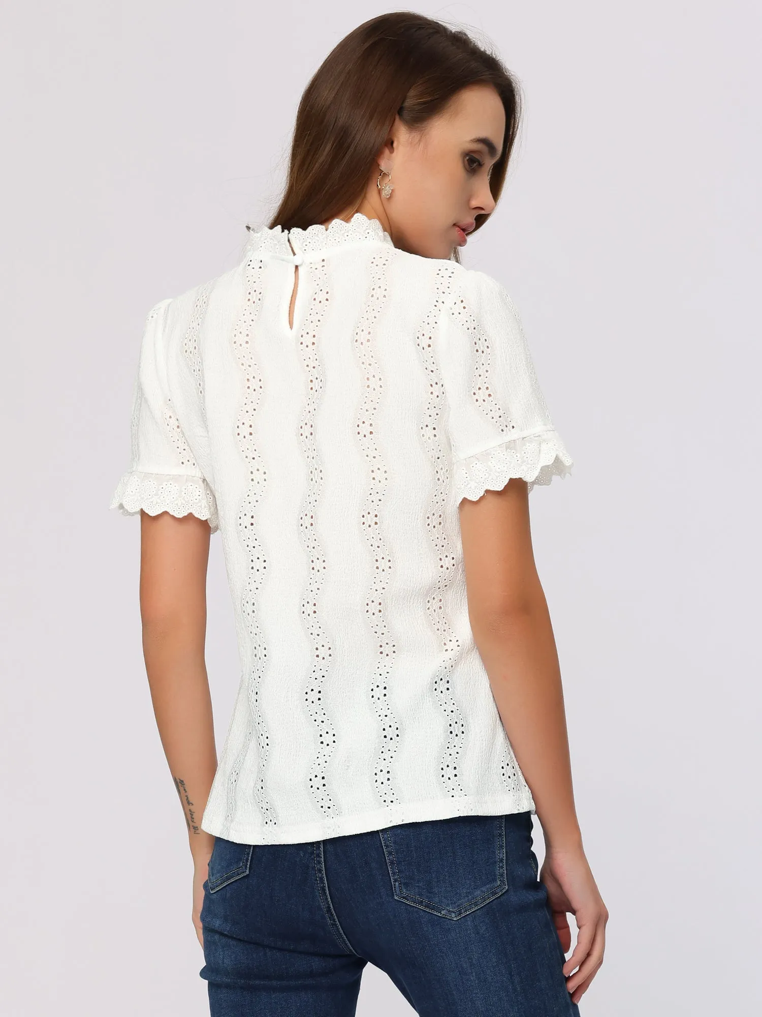 Eyelet Mock Neck Puff Sleeve Ruffle Textured Blouse sold by Allegra K product image thumbnail 3