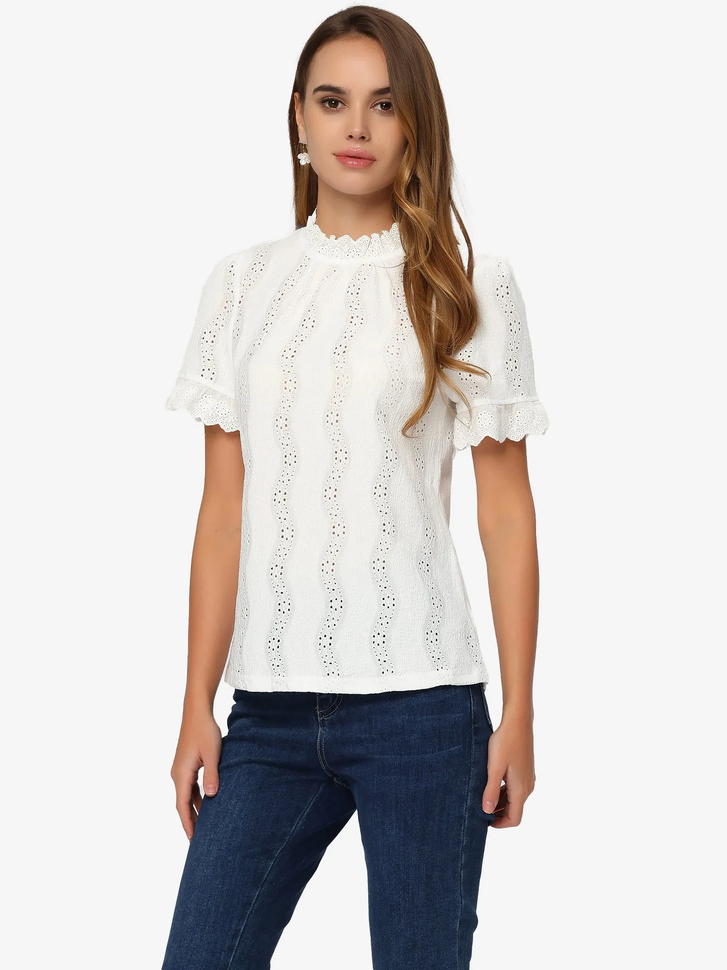 Eyelet Mock Neck Puff Sleeve Ruffle Textured Blouse sold by Allegra K