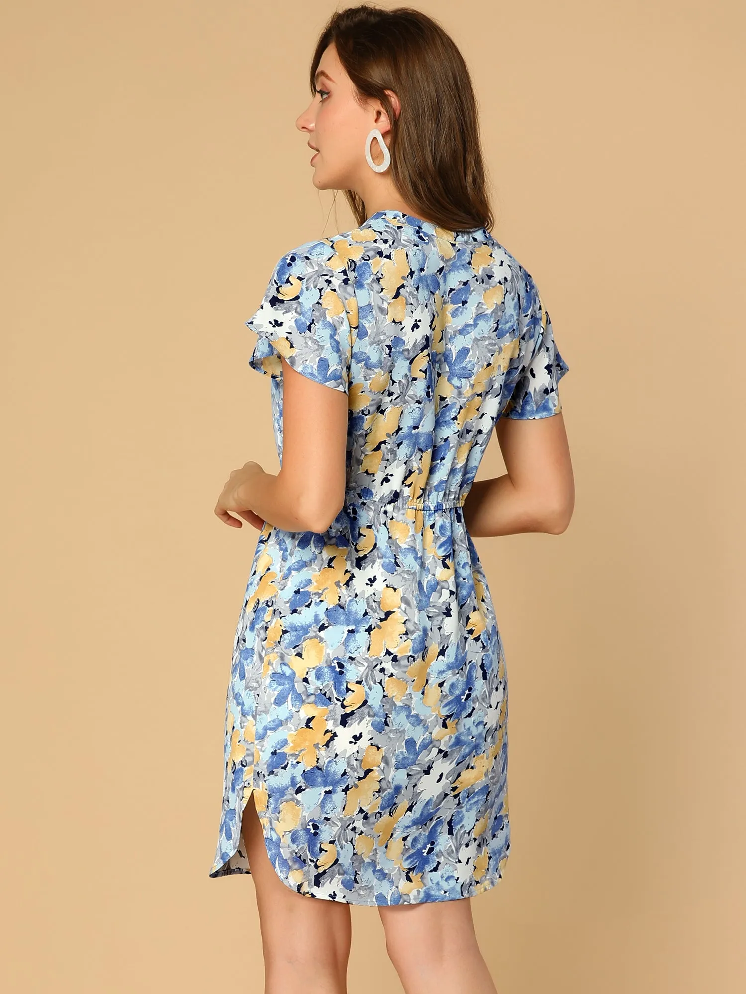 Casual V Neck Flare Sleeve Tie Waist Floral Print Dress sold by Allegra K product image thumbnail 5
