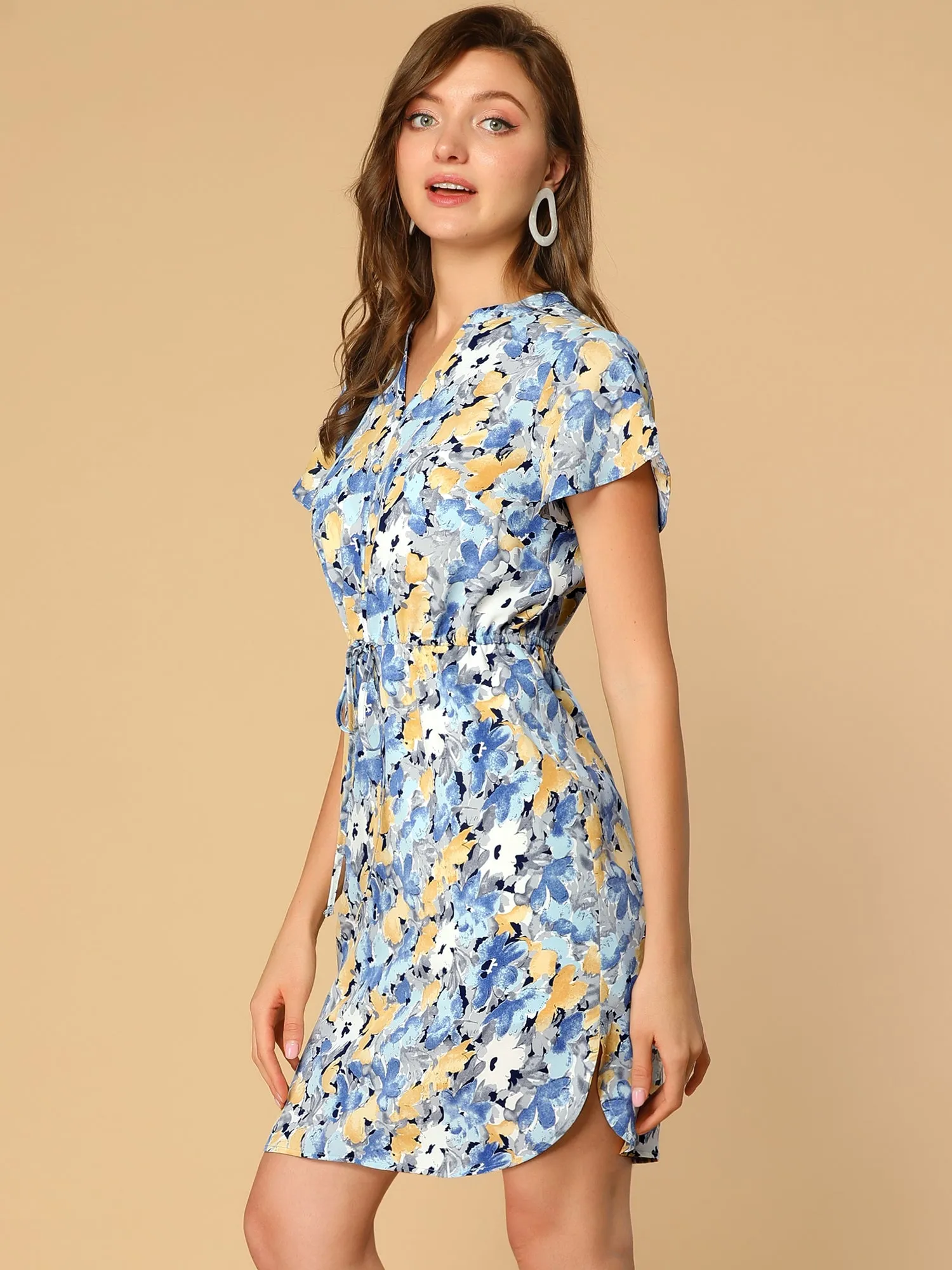 Casual V Neck Flare Sleeve Tie Waist Floral Print Dress sold by Allegra K product image thumbnail 4