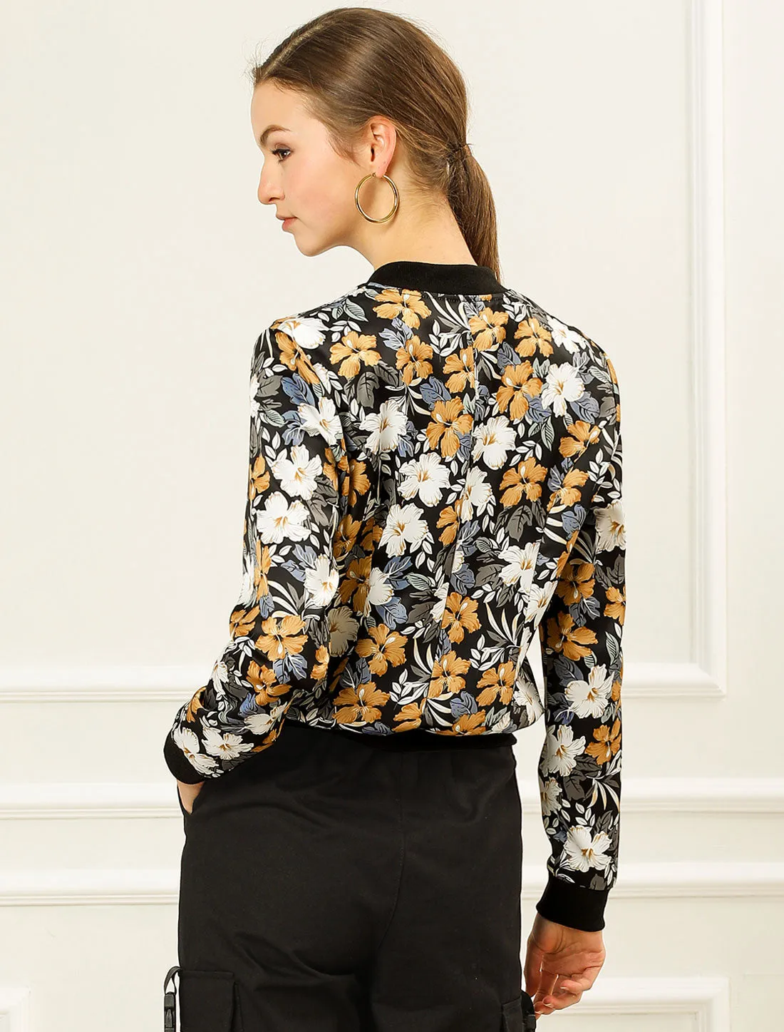 Stand Collar Floral Print Zip Up Bomber Jacket sold by Allegra K product image thumbnail 4