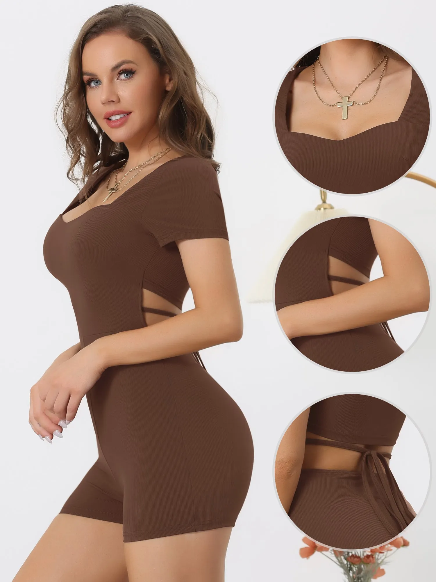 Short Sleeve Tie Back Cut-Out Knit Solid Color Romper sold by Allegra K product image thumbnail 2