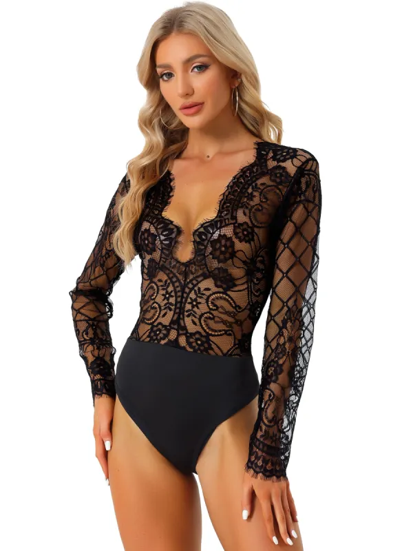 Deep V Neck Lace Sheer Mesh Long Sleeve Bodysuit Clubwear Top sold by Allegra K