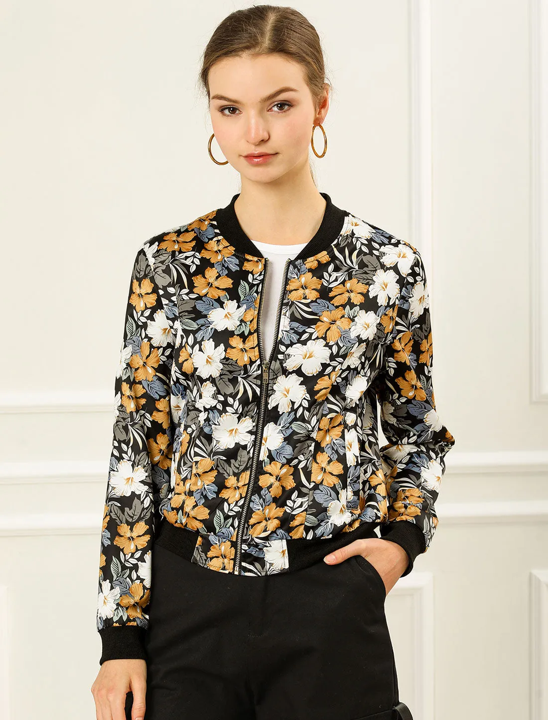 Stand Collar Floral Print Zip Up Bomber Jacket sold by Allegra K