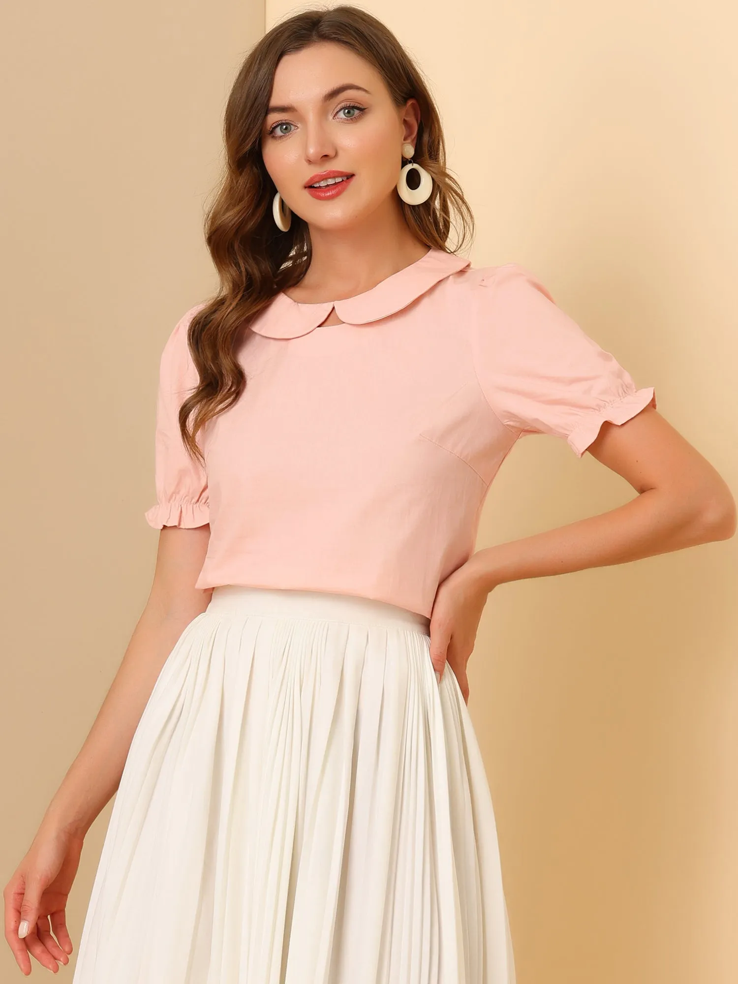 Cotton Retro Short Sleeve Peter Pan Collar Blouse Tops sold by Allegra K product image thumbnail 3