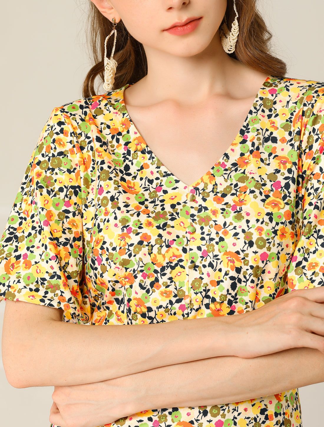 Floral Print Flare Puff Short Sleeve Cute V Neck A-Line Dress sold by Allegra K product image thumbnail 5