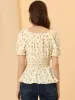 Casual Floral Blouse V Neck Tie Front Smocked Waist Peplum Tops sold by Allegra K