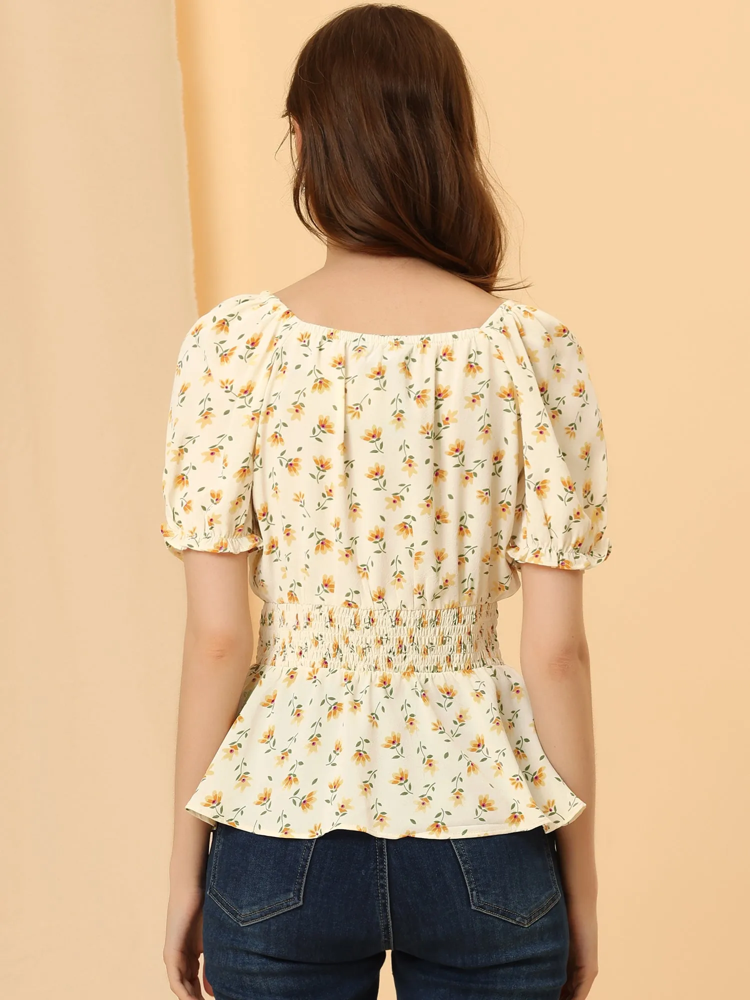 Casual Floral Blouse V Neck Tie Front Smocked Waist Peplum Tops sold by Allegra K product image thumbnail 3