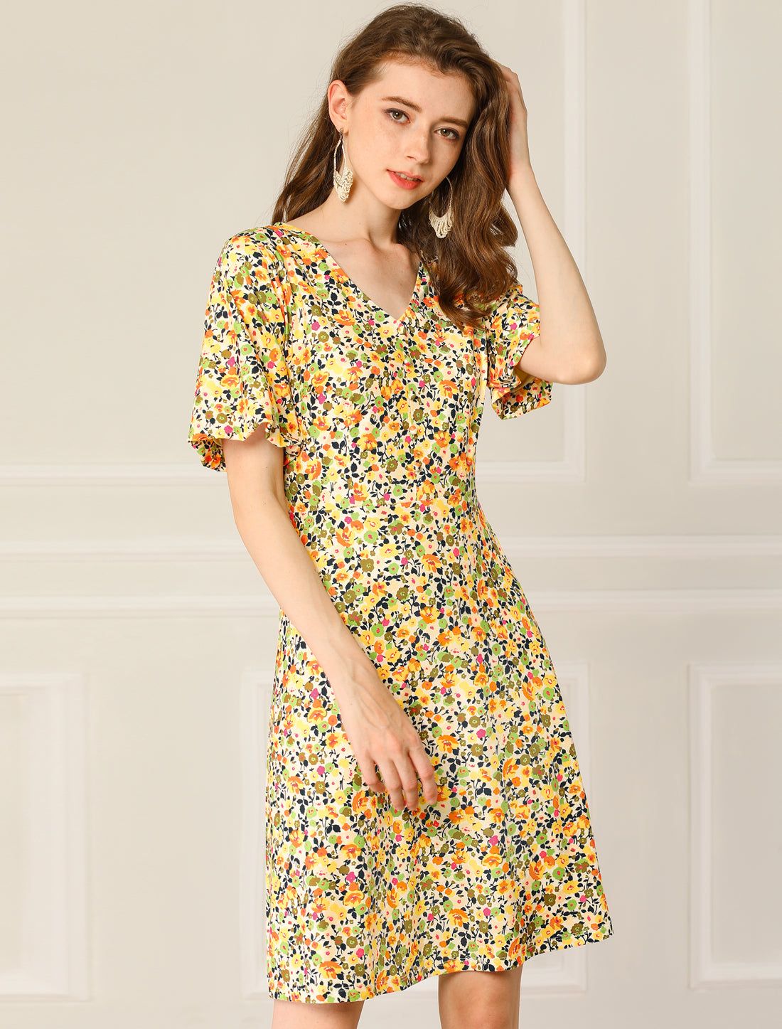 Floral Print Flare Puff Short Sleeve Cute V Neck A-Line Dress sold by Allegra K