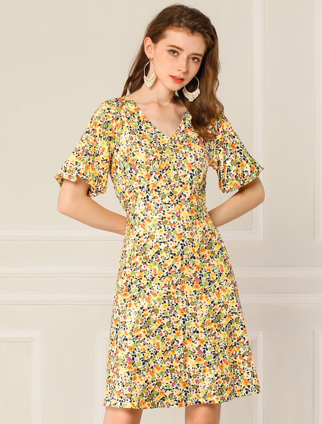 Floral Print Flare Puff Short Sleeve Cute V Neck A-Line Dress sold by Allegra K product image thumbnail 2