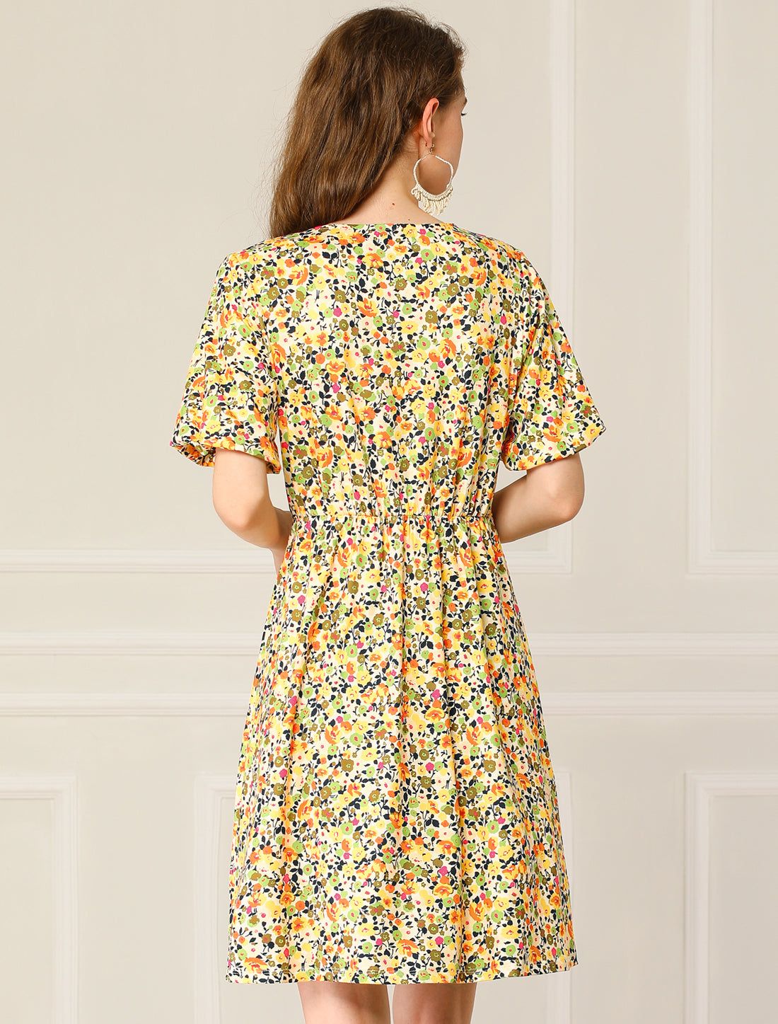 Floral Print Flare Puff Short Sleeve Cute V Neck A-Line Dress sold by Allegra K product image thumbnail 4