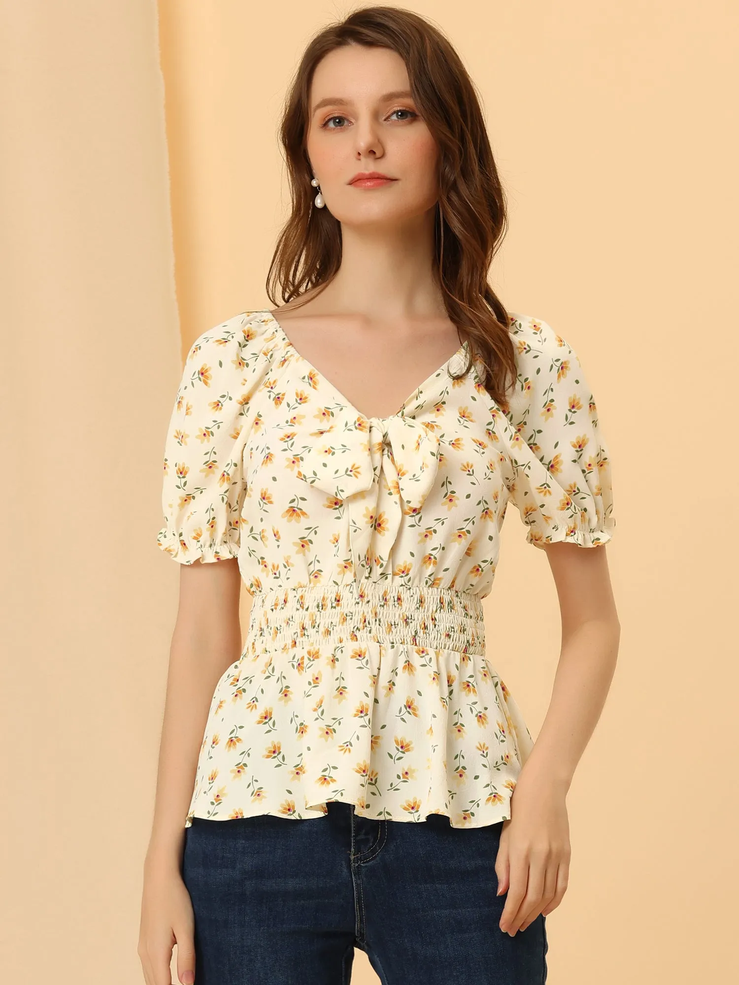 Casual Floral Blouse V Neck Tie Front Smocked Waist Peplum Tops sold by Allegra K product image thumbnail 4