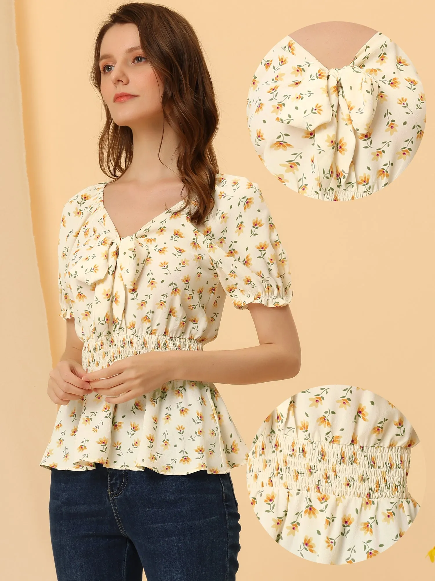 Casual Floral Blouse V Neck Tie Front Smocked Waist Peplum Tops sold by Allegra K product image thumbnail 2