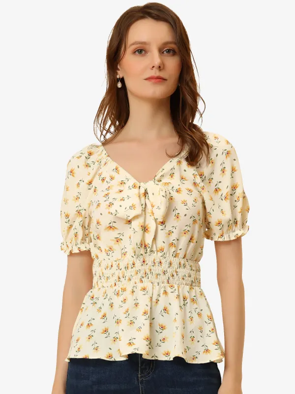 Casual Floral Blouse V Neck Tie Front Smocked Waist Peplum Tops sold by Allegra K