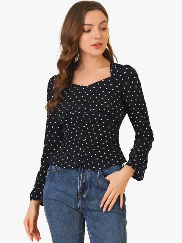 Long Sleeve Sweetheart Neck Fitted Ruched Front Heart Print Blouse sold by Allegra K
