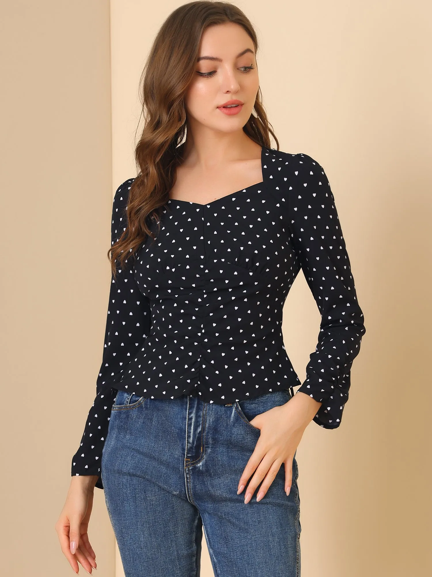 Long Sleeve Sweetheart Neck Fitted Ruched Front Heart Print Blouse sold by Allegra K product image thumbnail 2