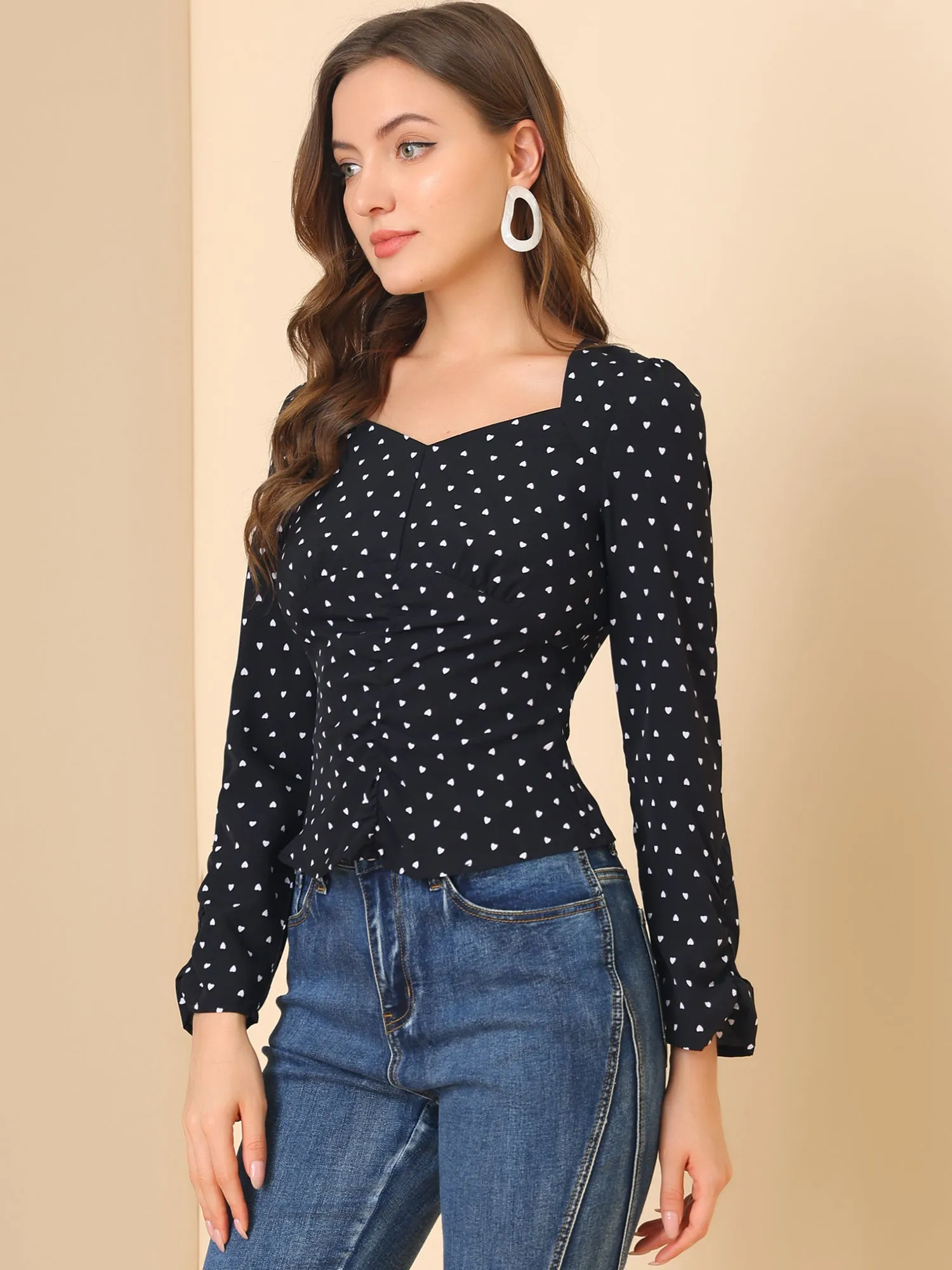 Long Sleeve Sweetheart Neck Fitted Ruched Front Heart Print Blouse sold by Allegra K product image thumbnail 4