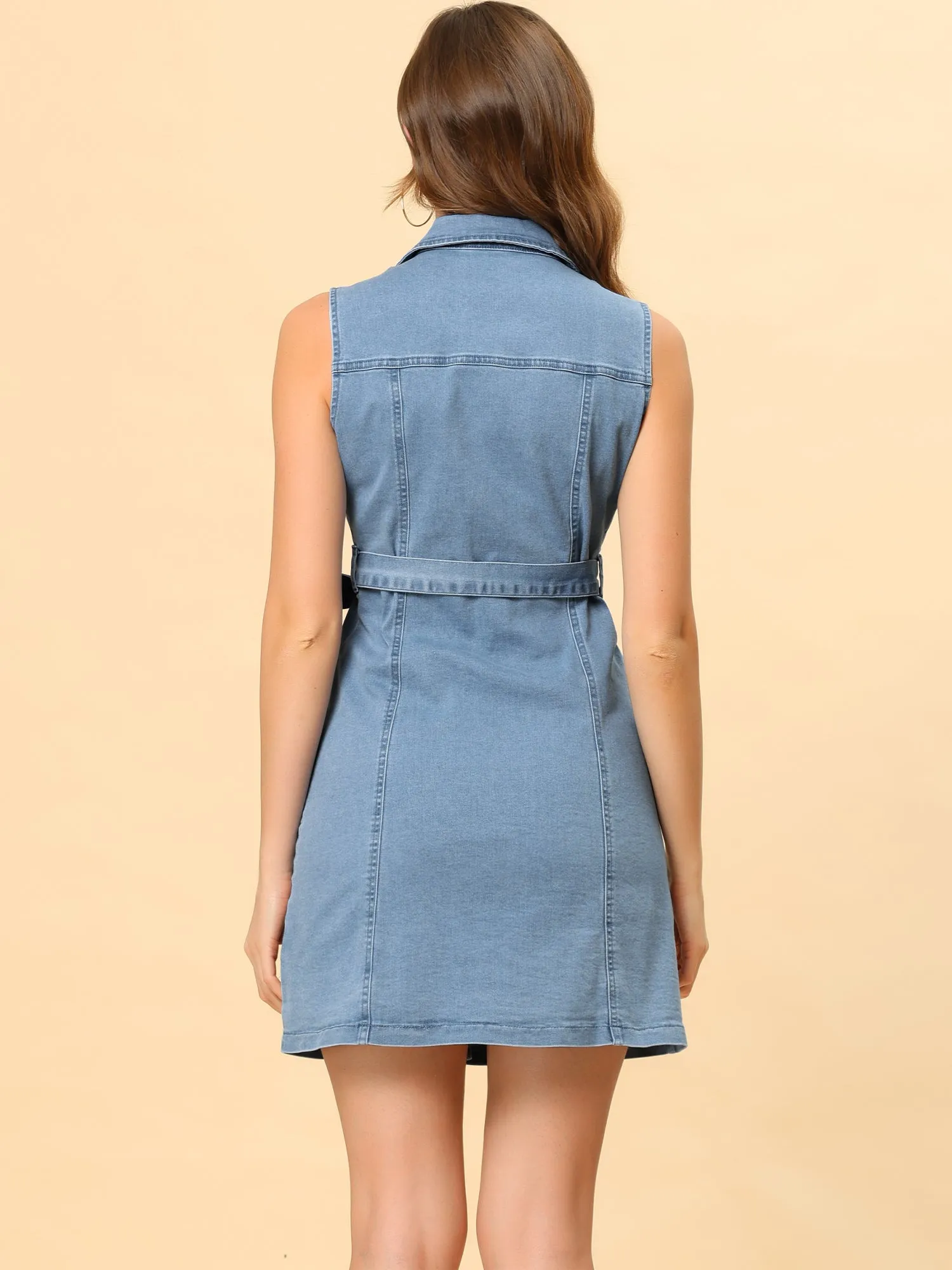 Button Down Notched Lapel Sleeveless Belted Denim Dress sold by Allegra K product image thumbnail 3