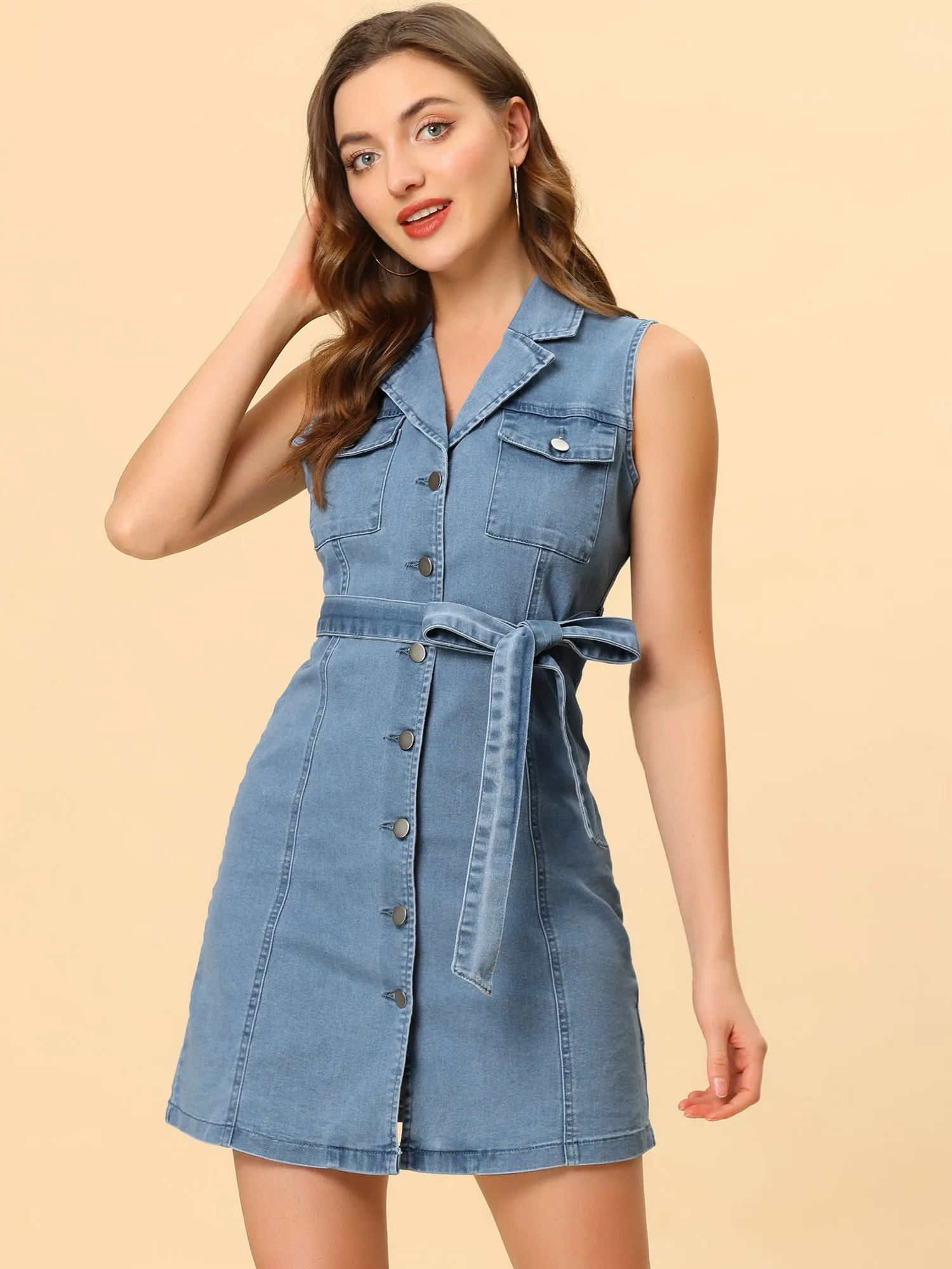 Button Down Notched Lapel Sleeveless Belted Denim Dress sold by Allegra K