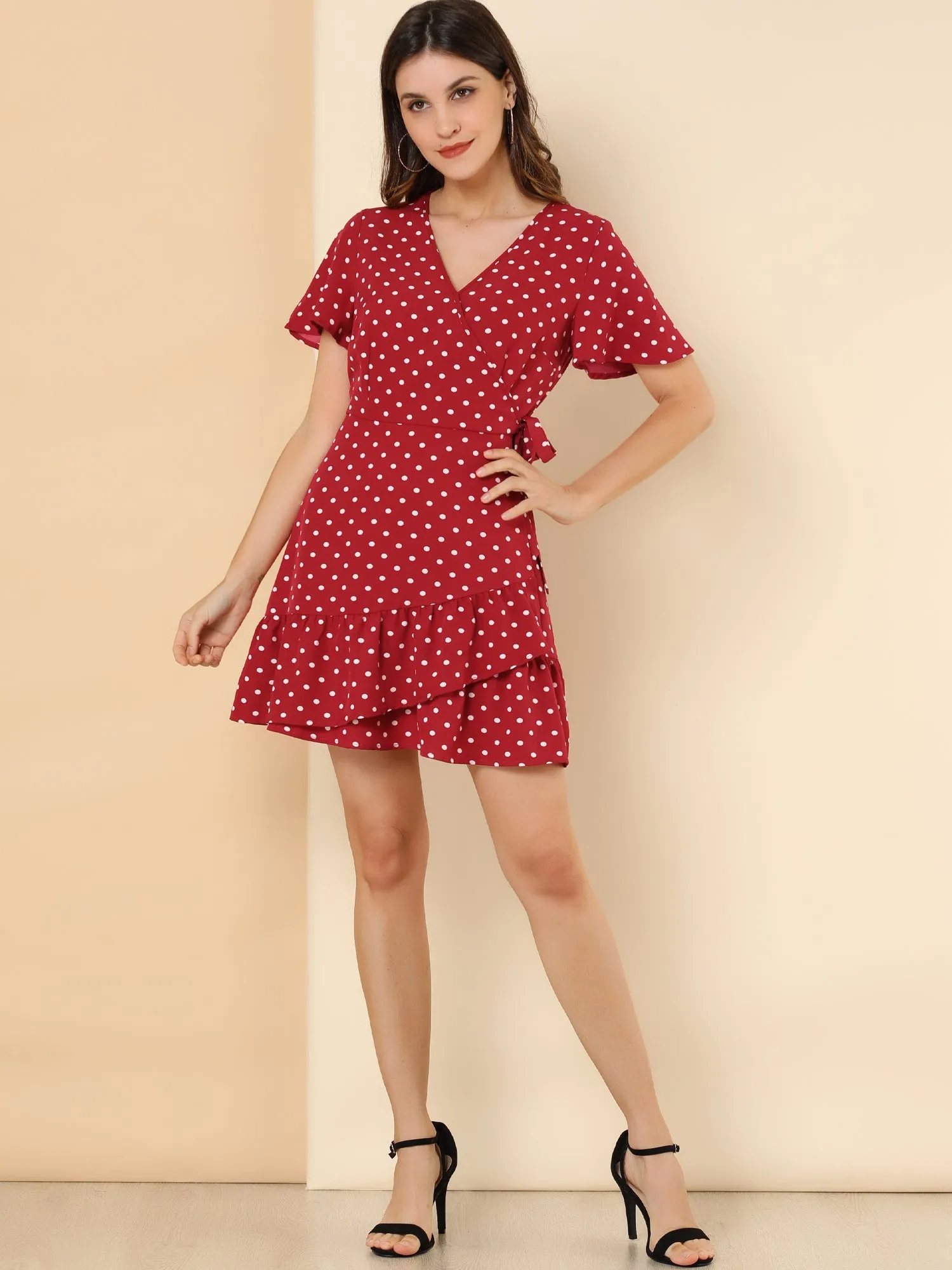 Wrap V Neck Ruffled Flutter Sleeve Belted Printed Flowy Dress sold by Allegra K product image thumbnail 3