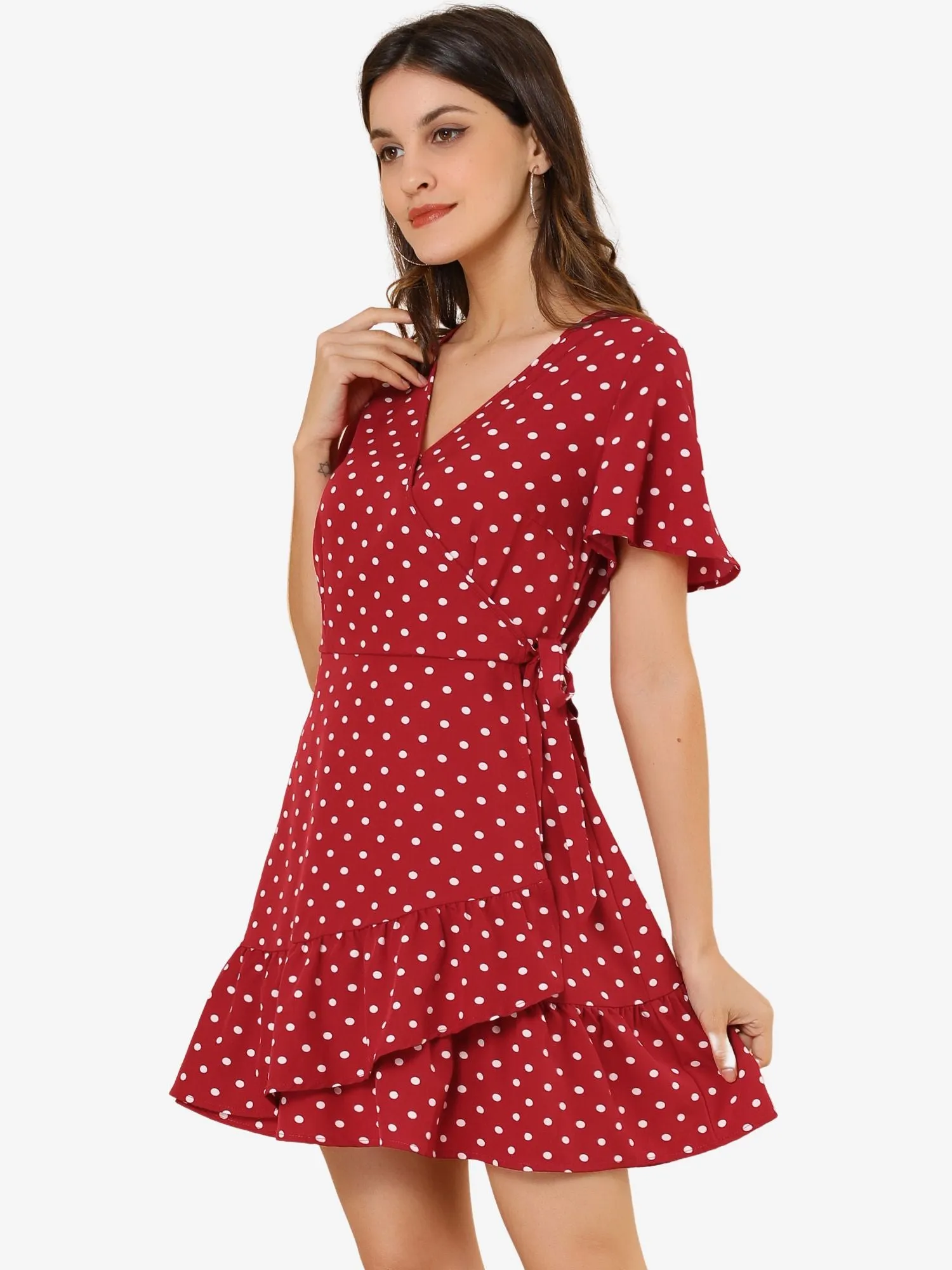 Wrap V Neck Ruffled Flutter Sleeve Belted Printed Flowy Dress sold by Allegra K