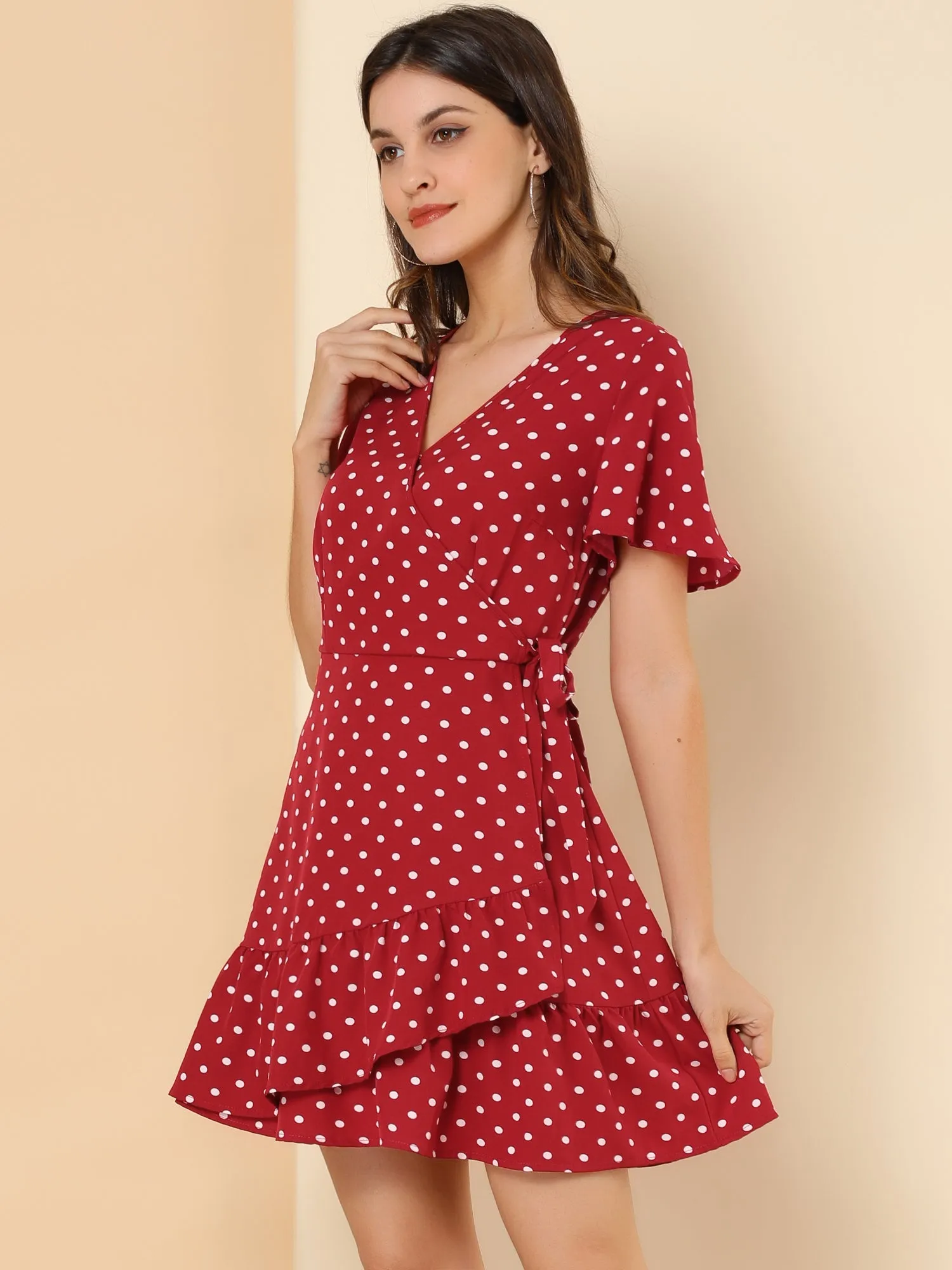 Wrap V Neck Ruffled Flutter Sleeve Belted Printed Flowy Dress sold by Allegra K product image thumbnail 2