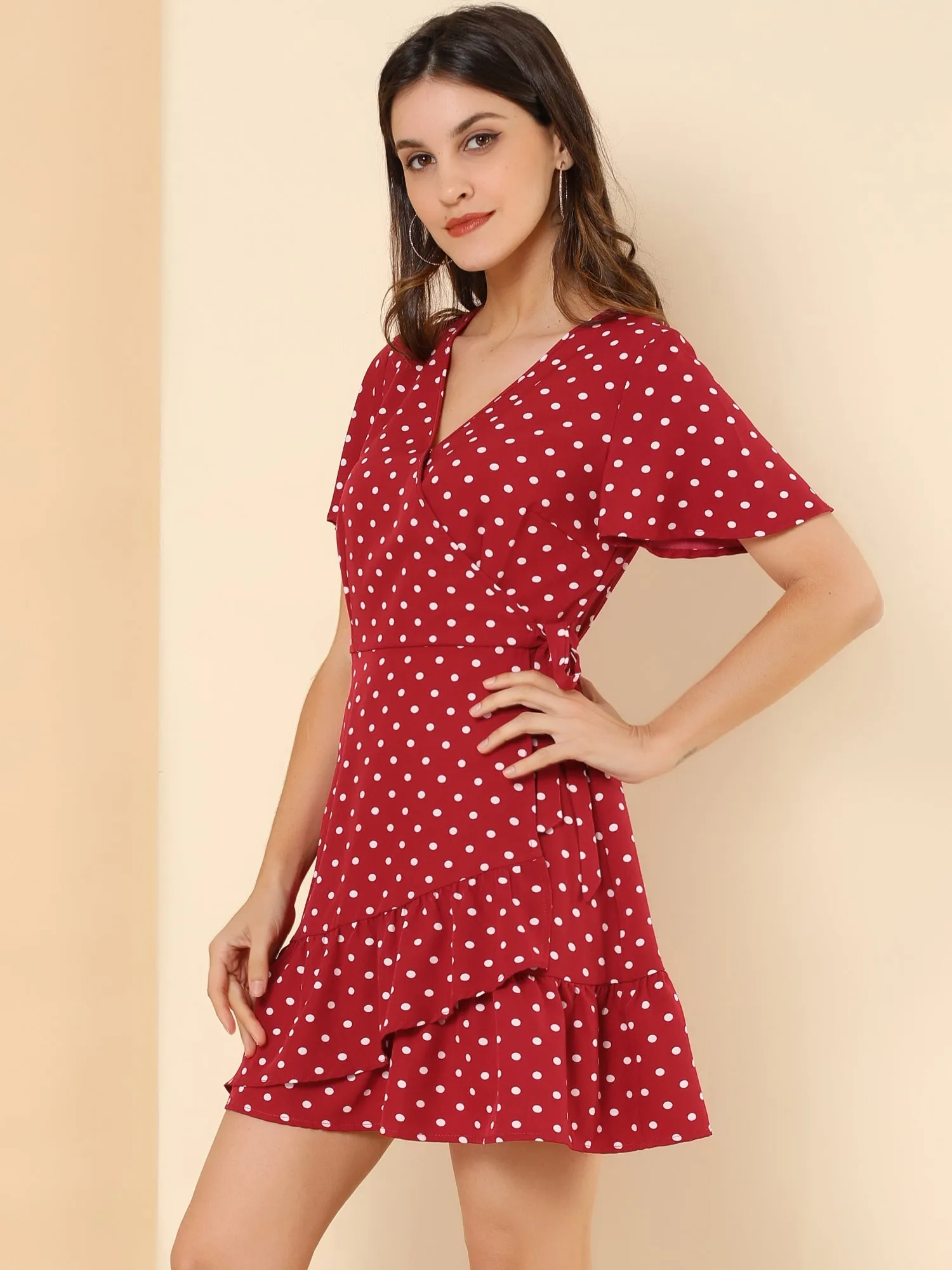 Wrap V Neck Ruffled Flutter Sleeve Belted Printed Flowy Dress sold by Allegra K product image thumbnail 4