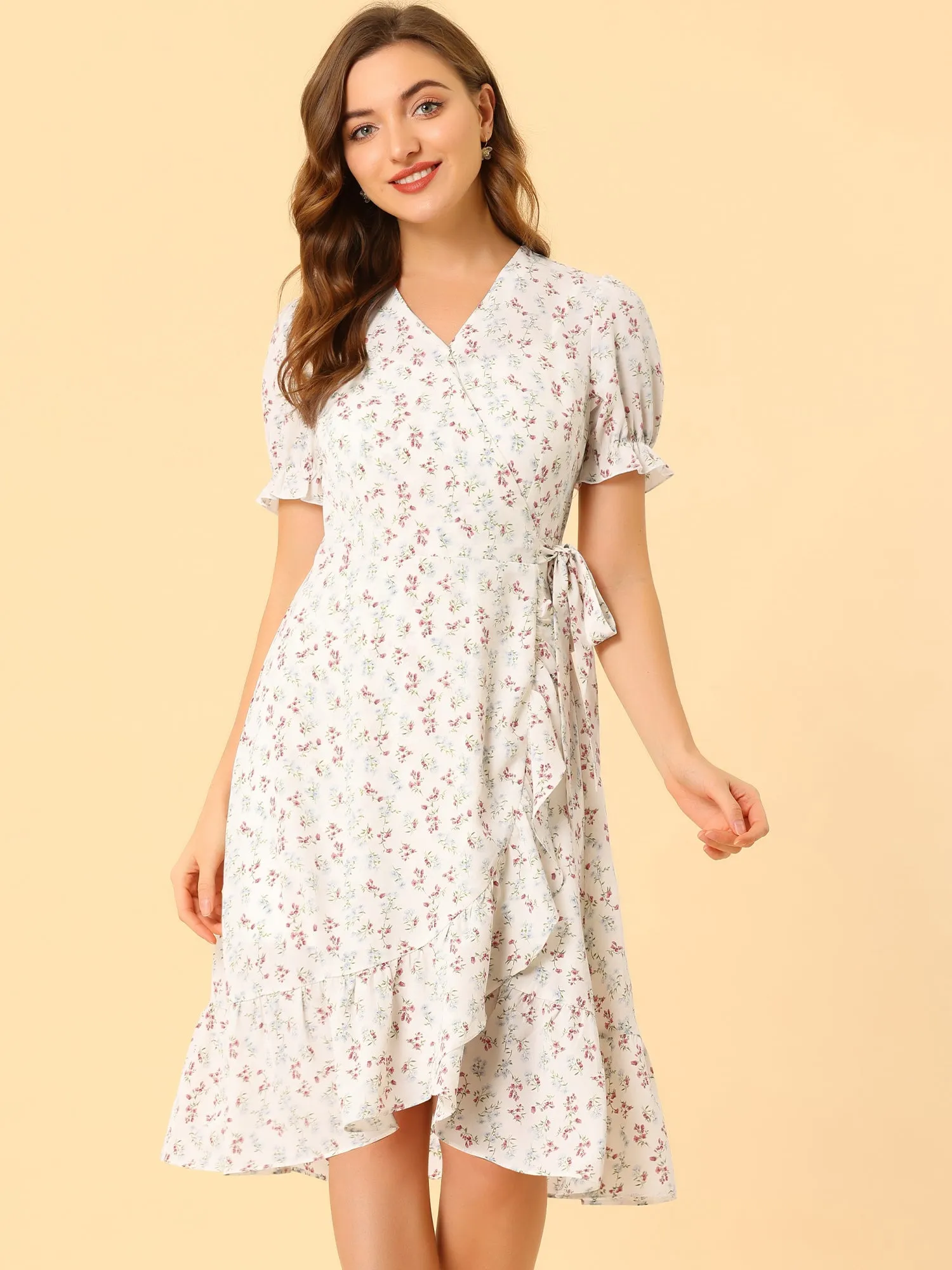 Floral Puff Sleeve V Neck Tie Belt Ruffle Hem Midi Wrap Dress sold by Allegra K product image thumbnail 3