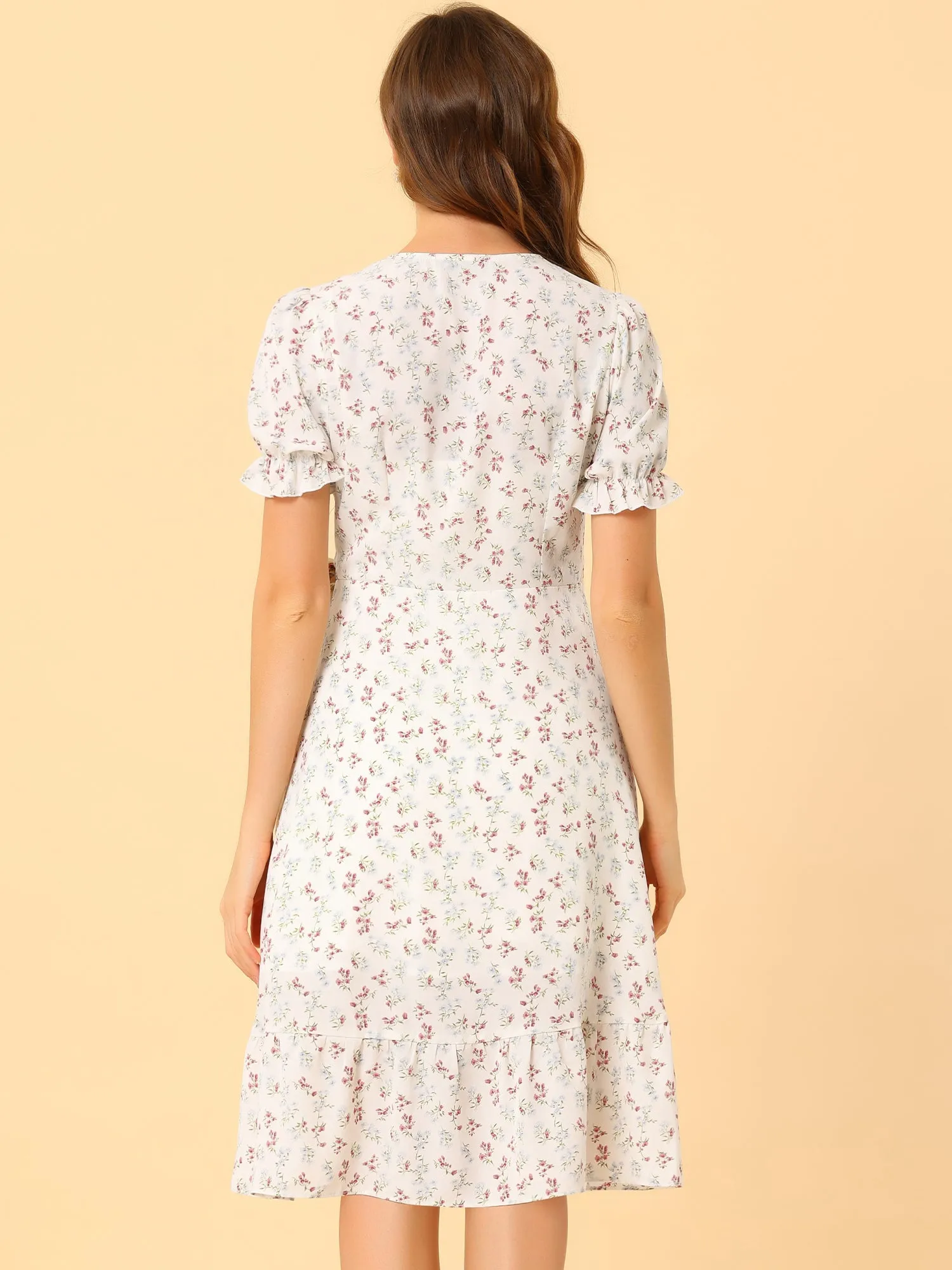 Floral Puff Sleeve V Neck Tie Belt Ruffle Hem Midi Wrap Dress sold by Allegra K product image thumbnail 4