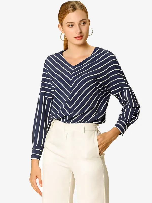 Striped Blouse V Neck Long Sleeve Chiffon Loose Work Office Shirt Top sold by Allegra K