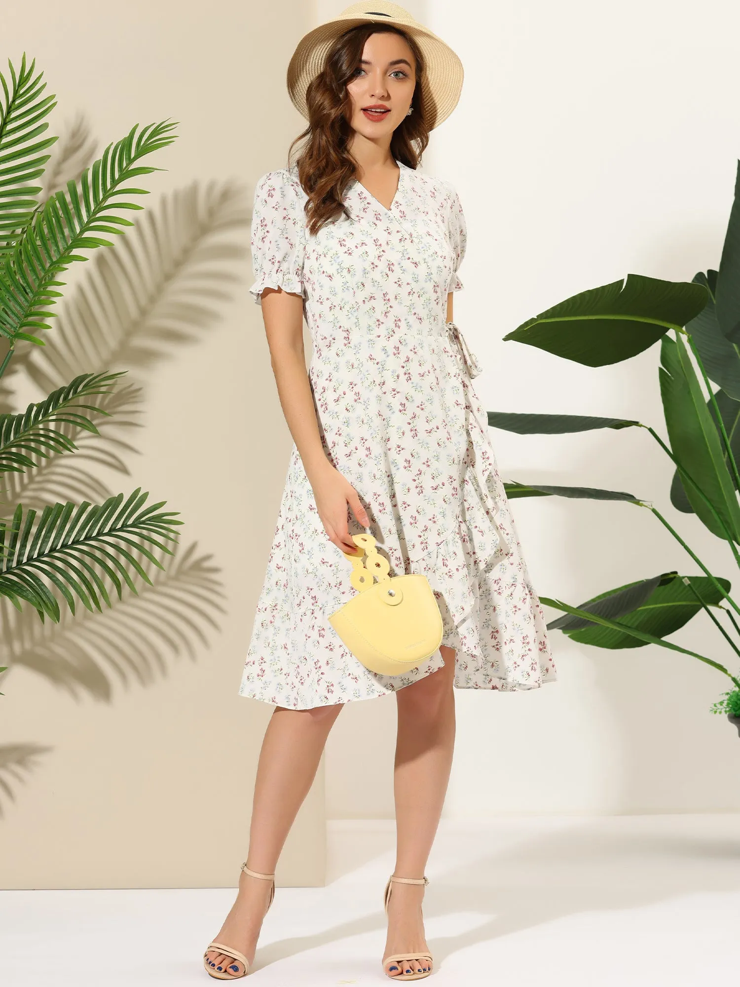 Floral Puff Sleeve V Neck Tie Belt Ruffle Hem Midi Wrap Dress sold by Allegra K product image thumbnail 2